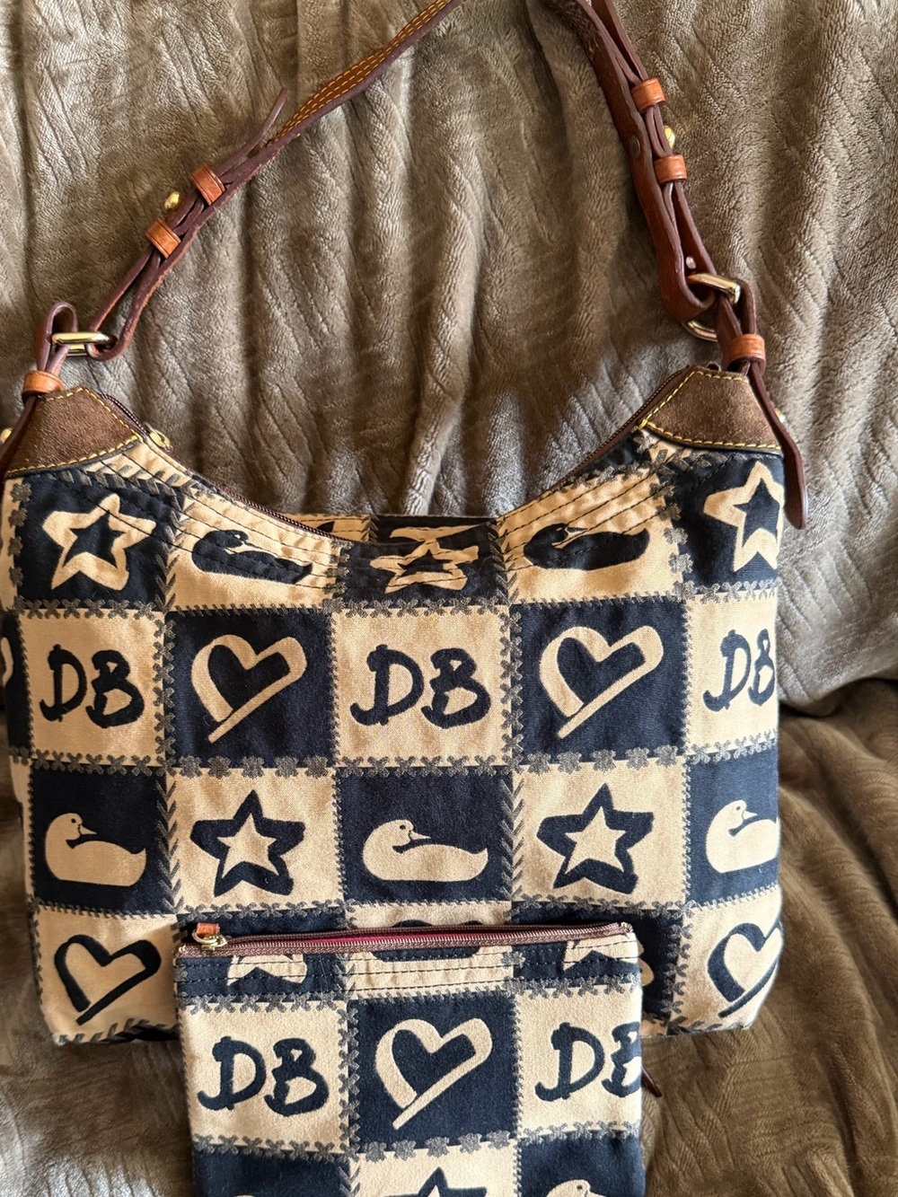 Dooney & Bourke Navy and Beige Patterned Shoulder Bag